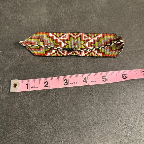 Handmade Beaded Bracelet With Geometric Star Pattern In Red Green & White Adjus - Picture 6 of 7